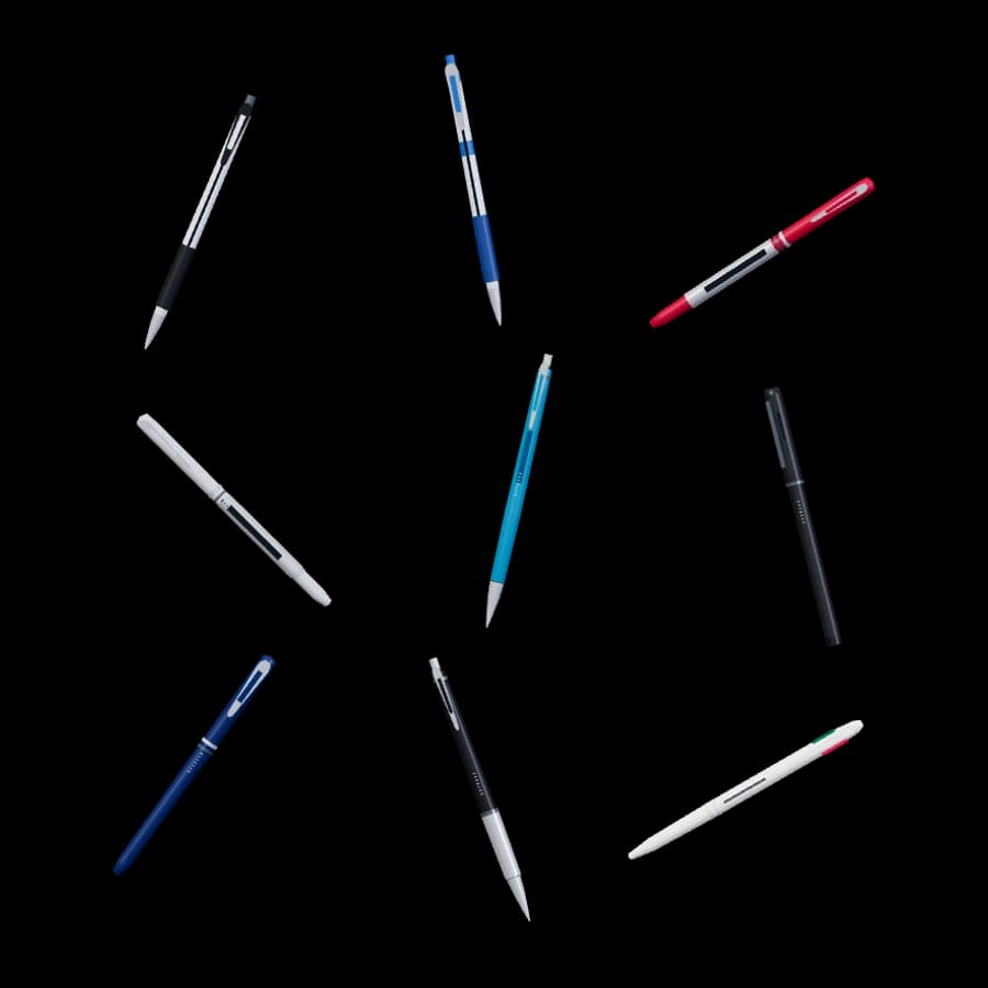 ۹ خودکار سه‌بعدی با رنگ‌های آبی، قرمز، مشکی، نقره‌ای و سفید، پراکنده و شناور